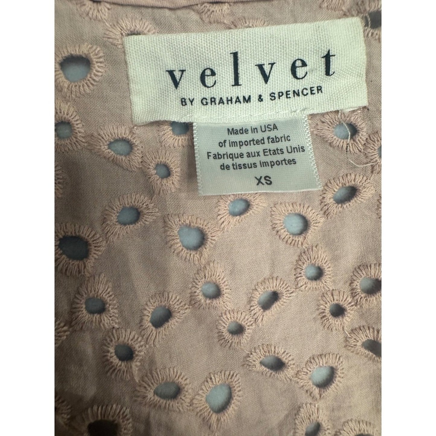 Velvet Graham Spencer Eyelet Wrap Dress XS Pink Beige Made in USA Puff Sleeve