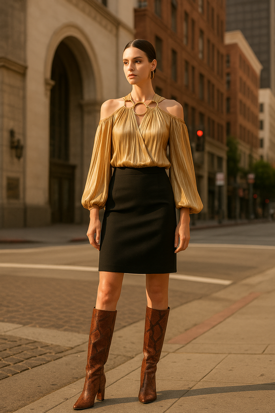 Eureka Gold Pleated Ring Detail Top – NWT – Size 42 – Retail $495