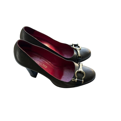 BURBERRY Pumps Women Designer Heels Gold Buckle Olive Green Leather 39.5/8.5