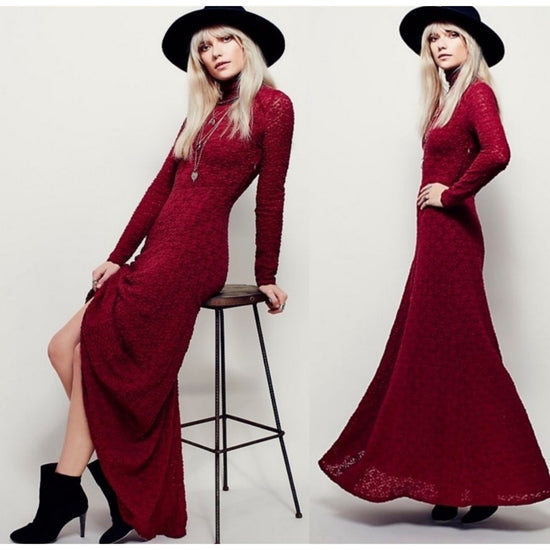 Free People Extratropical Maxi Dress Long Sleeve Burgundy Lace Gown size m