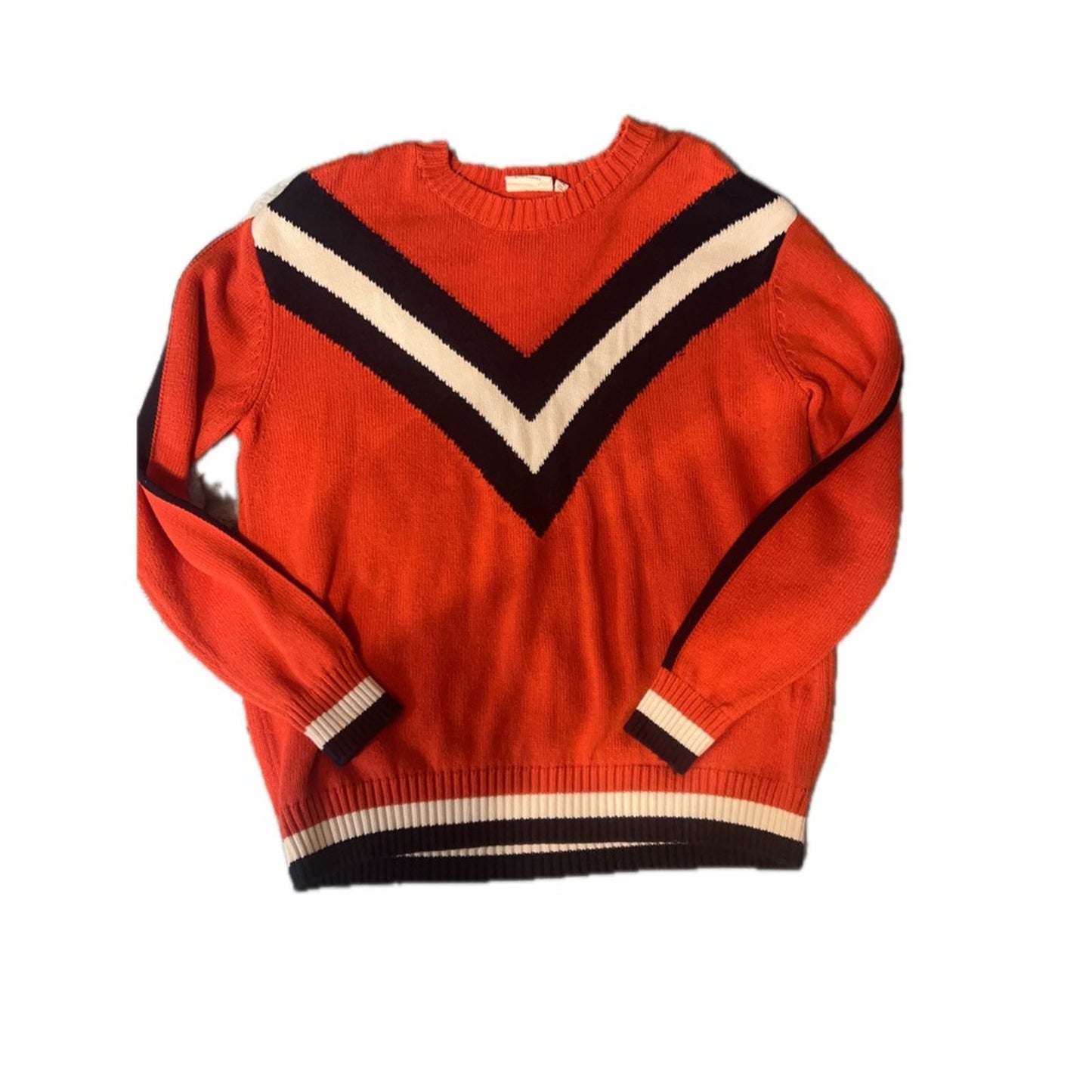 The Upside Sweater Womens XS Orange Navy White Chevron Cotton Knit Varsity
