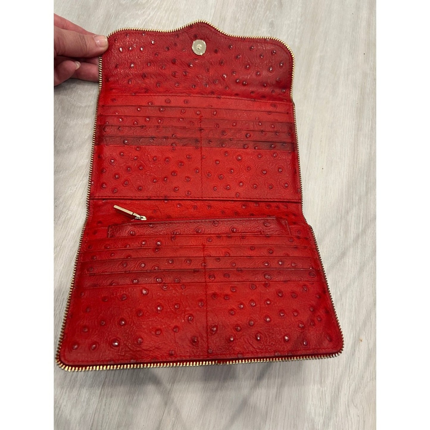 Rebecca Minkoff Red Ostrich Embossed Leather Zip Around Clutch Wallet Organizer