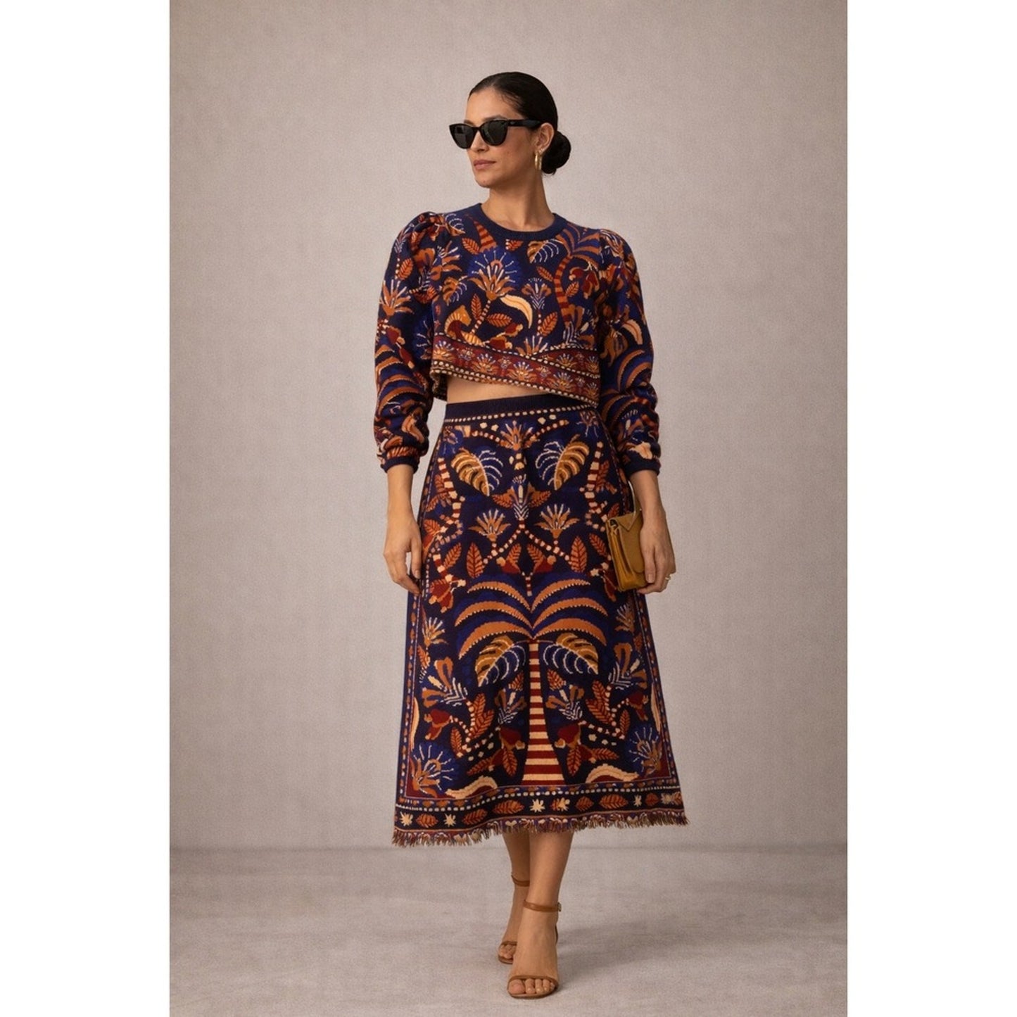 Farm Rio Tropical Print Cropped Sweater & Midi Skirt Set size L
