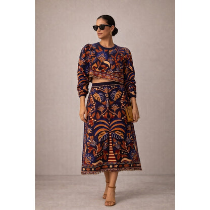 Farm Rio Tropical Print Cropped Sweater & Midi Skirt Set size L