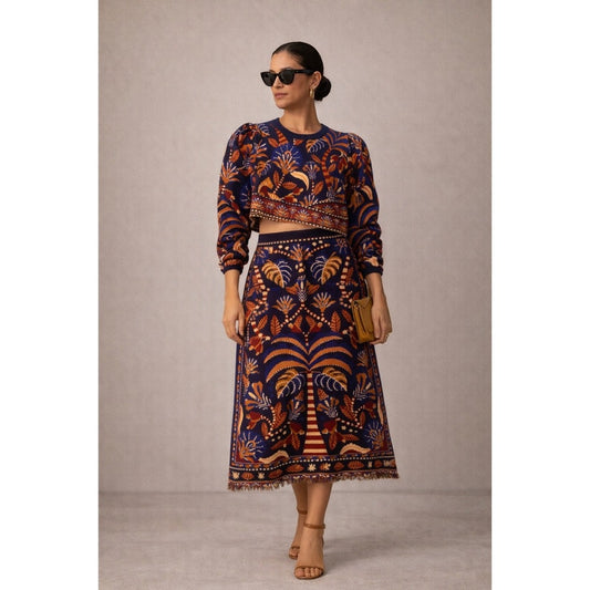 Farm Rio Tropical Print Cropped Sweater & Midi Skirt Set size L