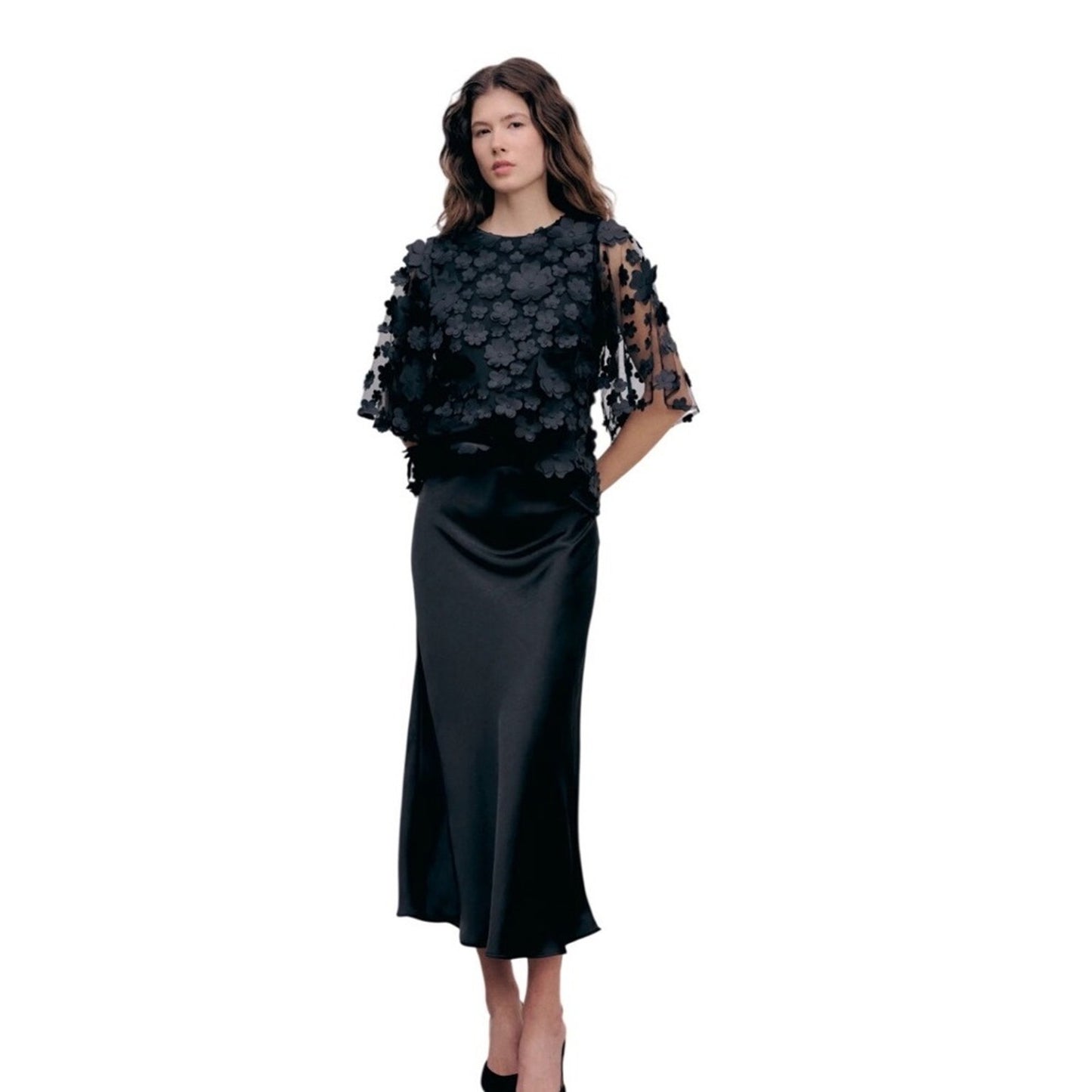 IDA SJÖSTEDT Black Mesh 3D Floral Applique Long Sleeve Top