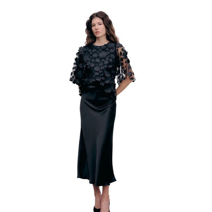 IDA SJÖSTEDT Black Mesh 3D Floral Applique Long Sleeve Top