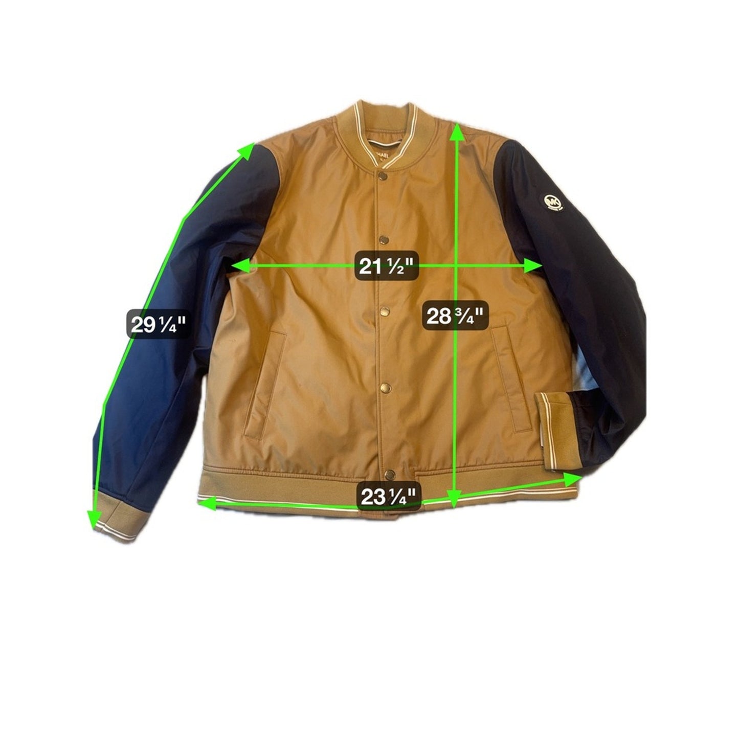 Michael Kors Varsity Jacket XL – Tan & Navy Bomber Coat NWT Logo Patch