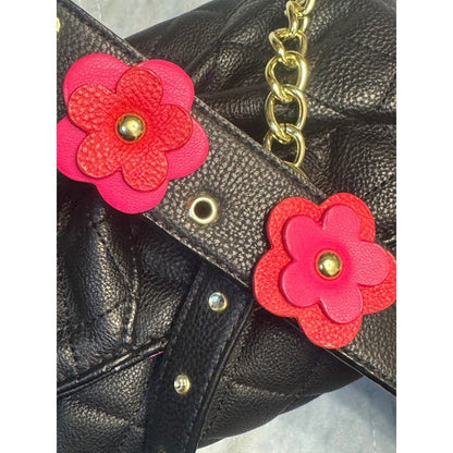 Betsey Johnson Black Quilted Belt Bag with Floral Detail Studded Strap NWT