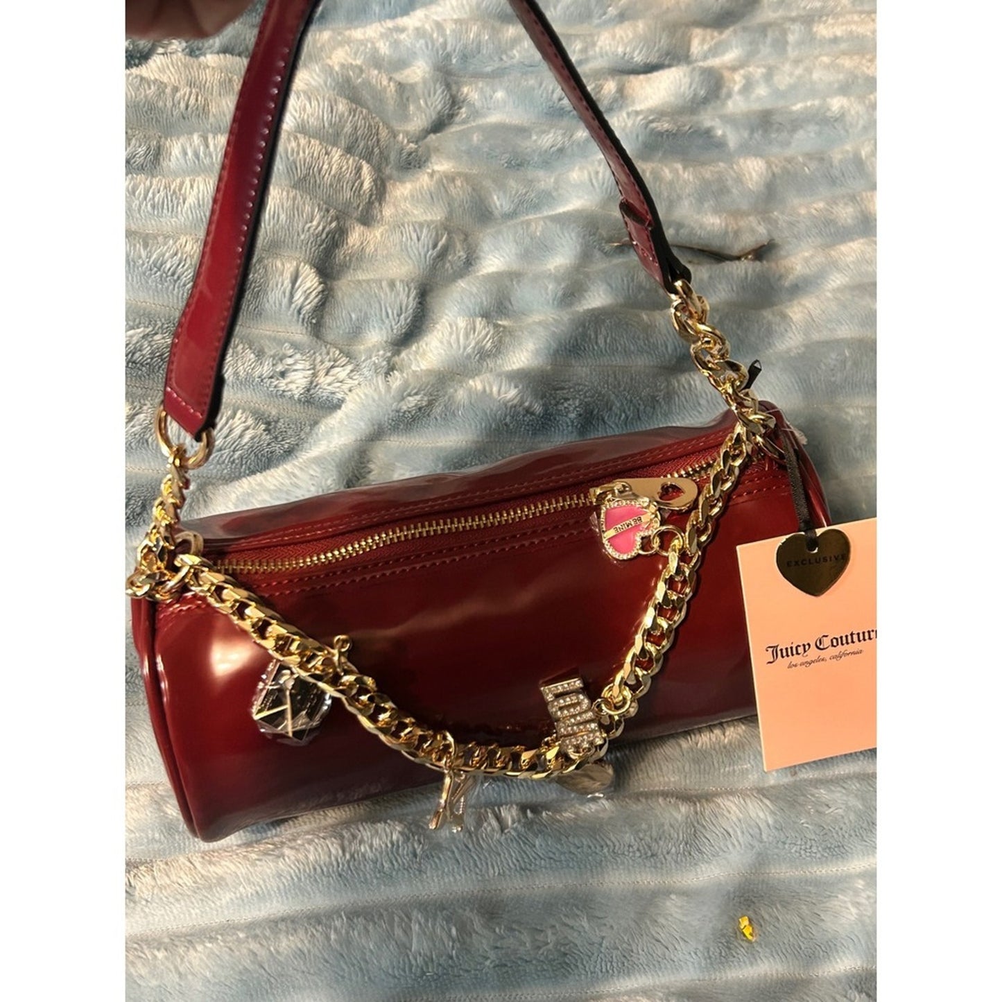 Juicy Couture Barrel Bag Red Patent Gold Chain Charm Shoulder Bag NEW