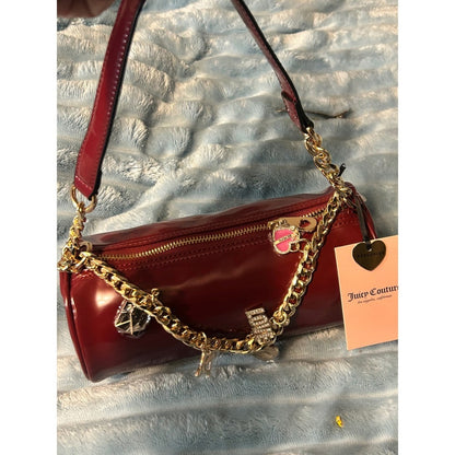 Juicy Couture Barrel Bag Red Patent Gold Chain Charm Shoulder Bag NEW