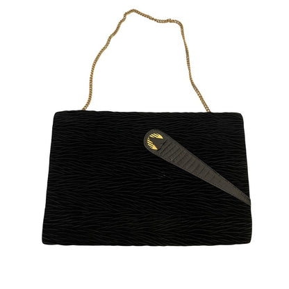 Vintage Black Velvet Clutch Handbag Chain Strap Textured Exterior