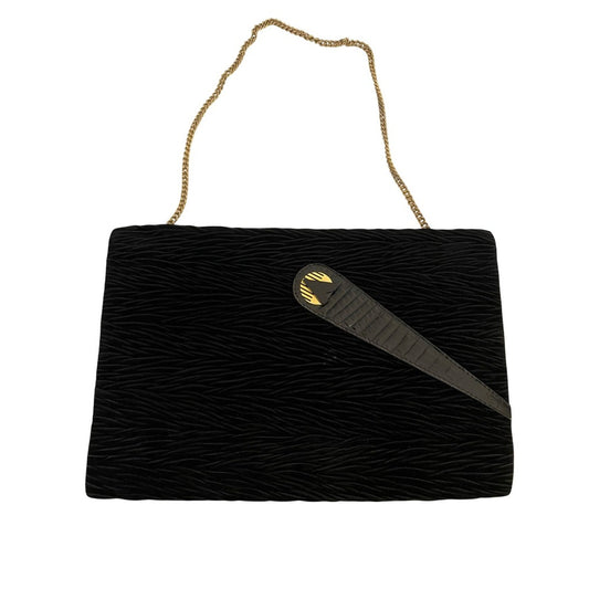 Vintage Black Velvet Clutch Handbag Chain Strap Textured Exterior
