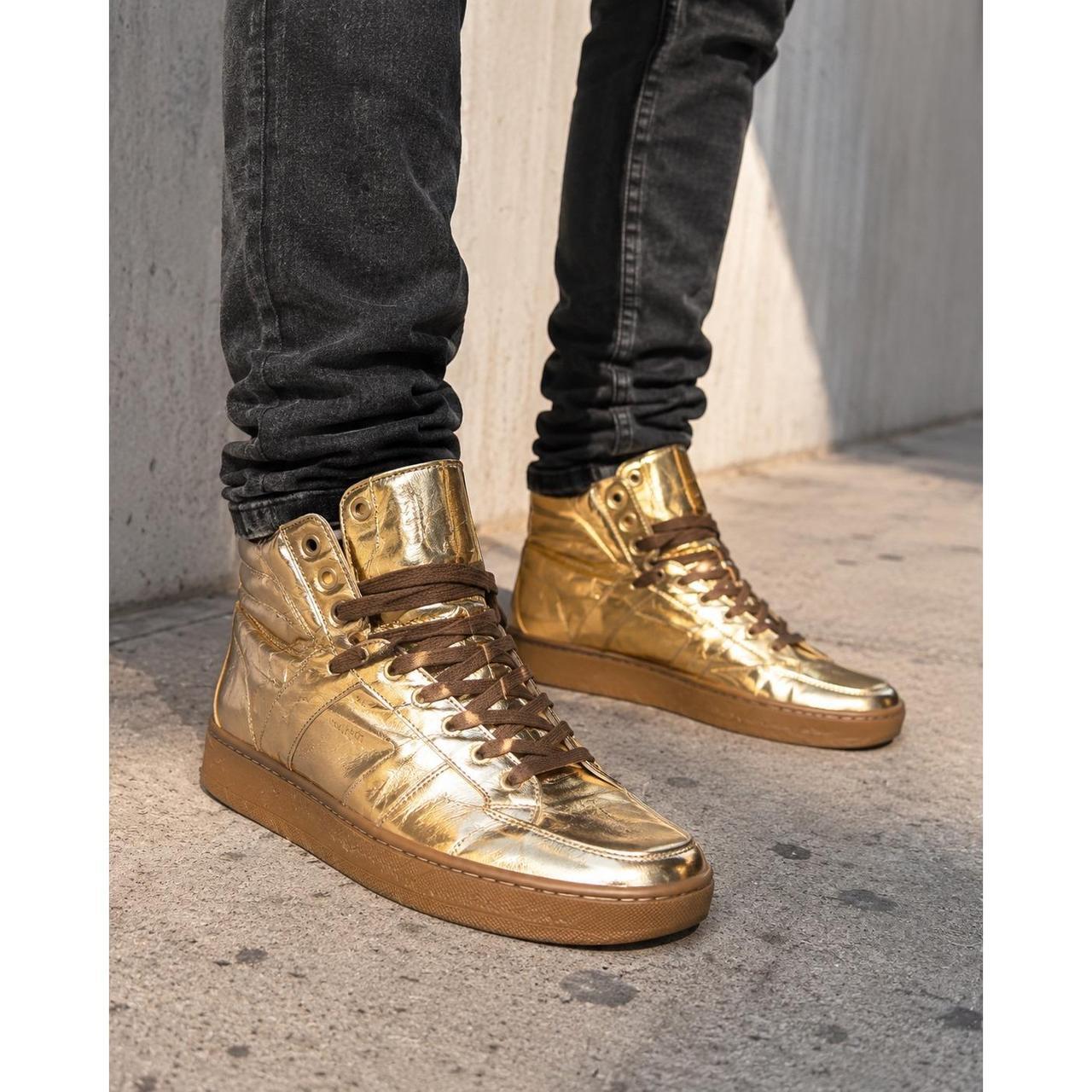 Saint Laurent SL/10H Gold Metallic Leather High Top Sneakers Mens 40 RF 418026