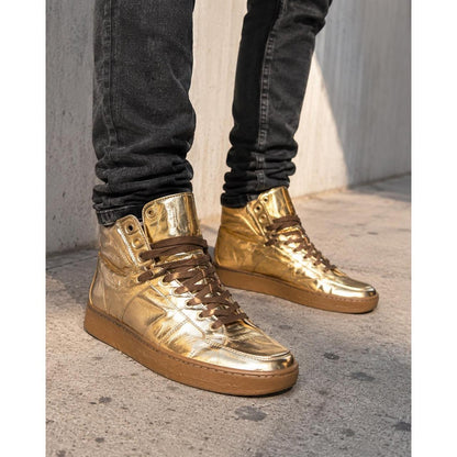 Saint Laurent SL/10H Gold Metallic Leather High Top Sneakers Mens 40 RF 418026