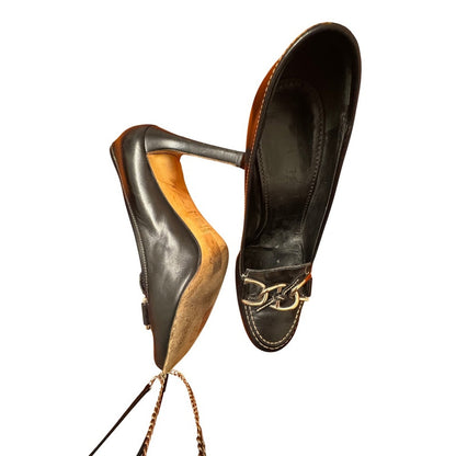 Prada Black Leather Chain Link Loafer Pumps Heels Size 39.5 Made in Italy