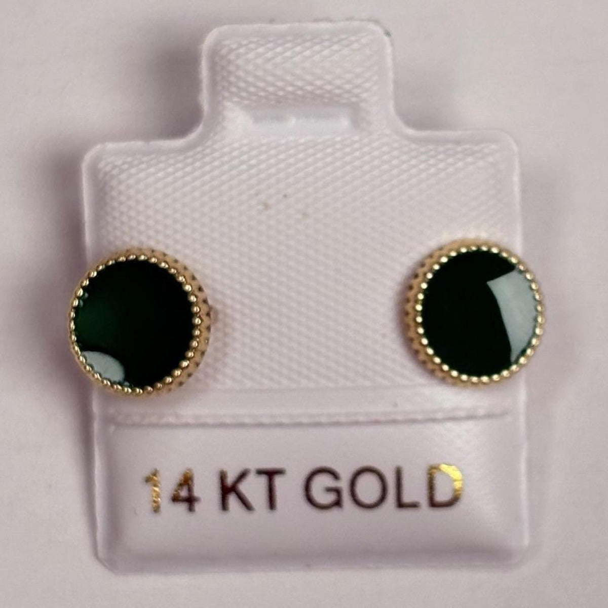 14K Gold Green Enamel Round Stud Earrings Beaded Edge