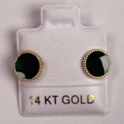 14K Gold Green Enamel Round Stud Earrings Beaded Edge