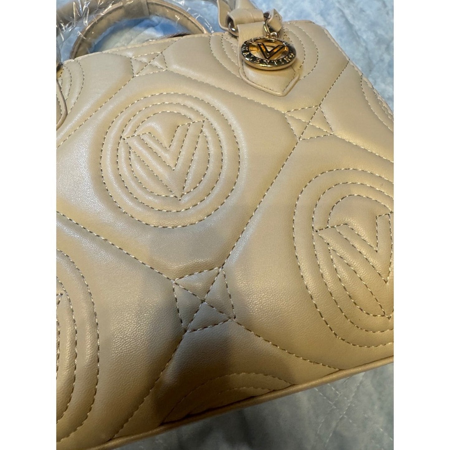 Valentino Orlandi Vegan Leather Quilted Tote Beige Gold Charm Top Handle NWT