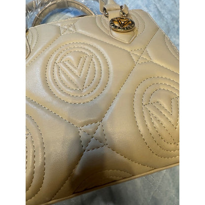 Valentino Orlandi Vegan Leather Quilted Tote Beige Gold Charm Top Handle NWT