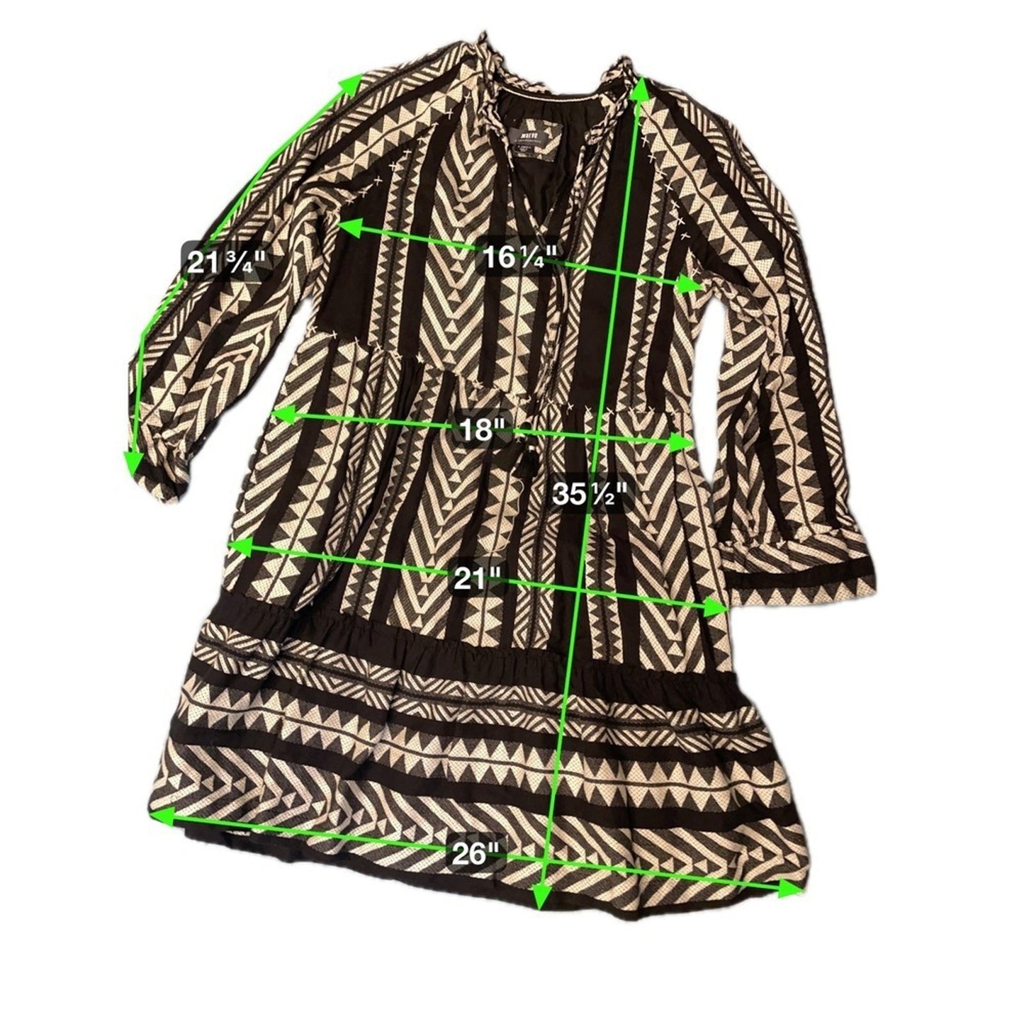 Maeve by Anthropologie Black White Aztec Print Tiered Tassel Dress XSmall
