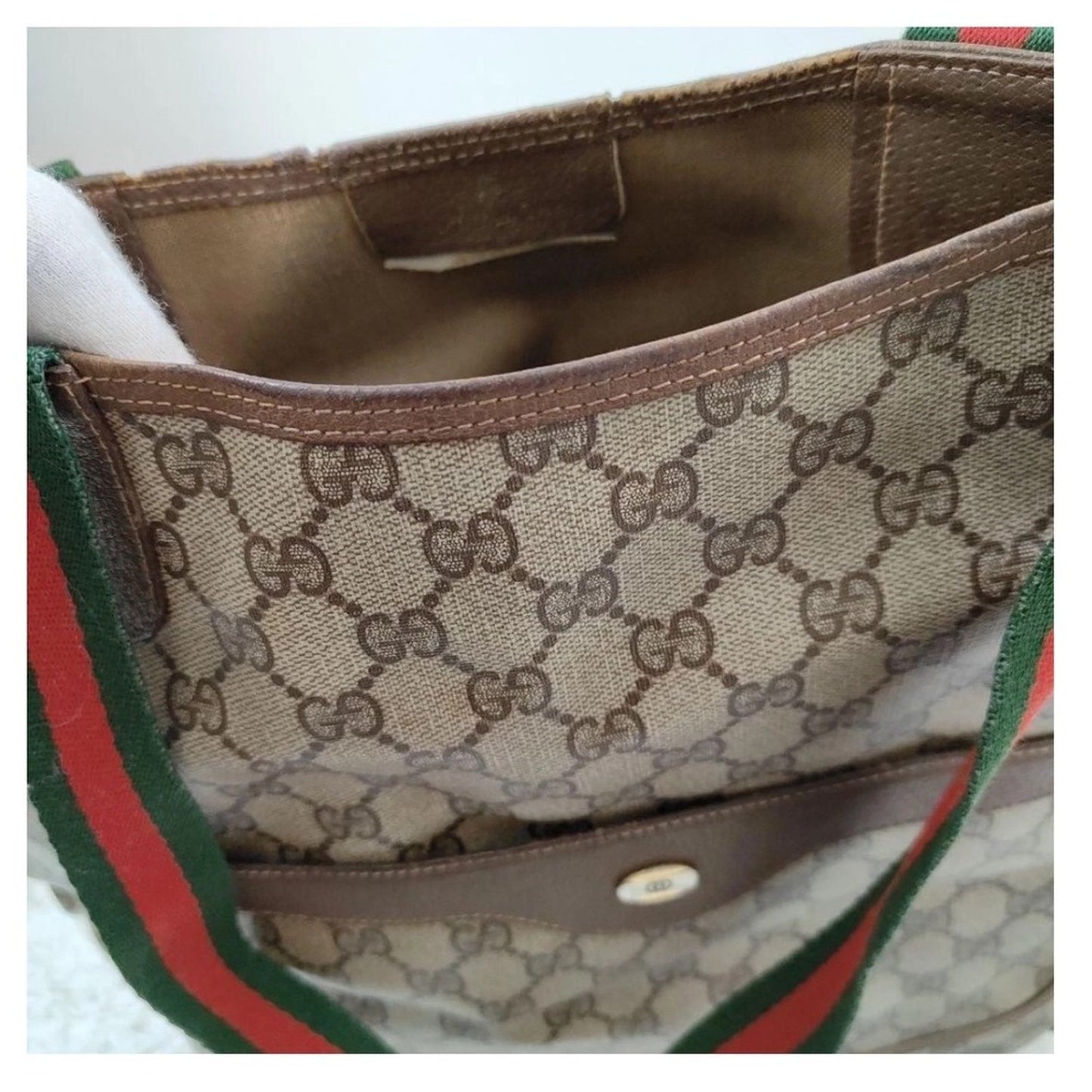Authentic Vintage Gucci Monogram Canvas Tote Bag Red Green Stripe