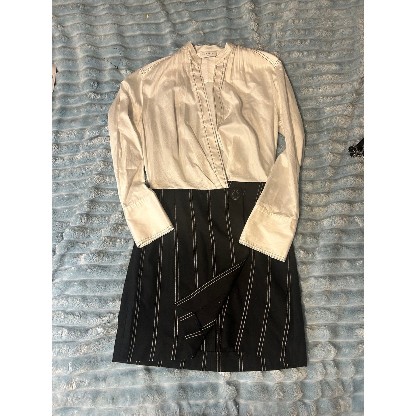 Sandro Paris Black White Pinstripe Asymmetrical Wrap Dress