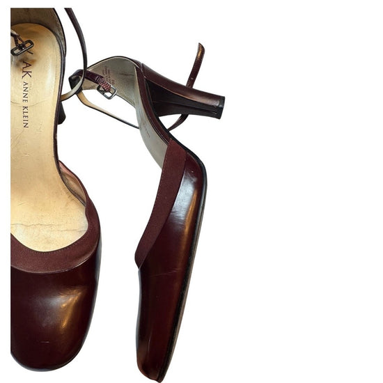 AK Anne Klein Burgundy Leather Ankle Strap Heel Pumps Shoes Women&