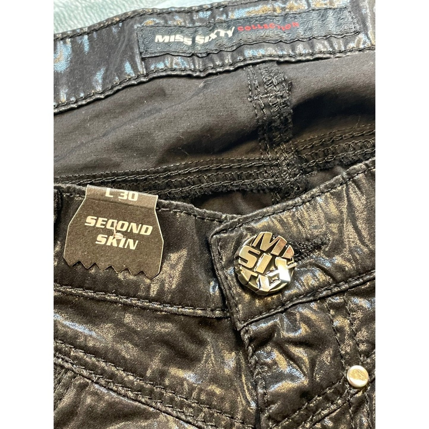 Miss Sixty Second Skin Pants Women's Black Shiny Zipper Detail Size L 30