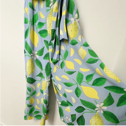 Anthropologie Maeve Blue and‎ Green Geometric Lemon  Strapless Jumpsuit
