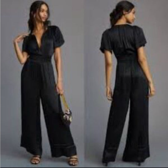 Anthropologie Somerset Satin Wide Leg Jumpsuit Black Size S