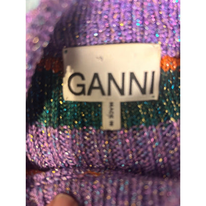Ganni Womens Multicolor Striped Metallic Knit Short Sleeve Sweater Top Purple S