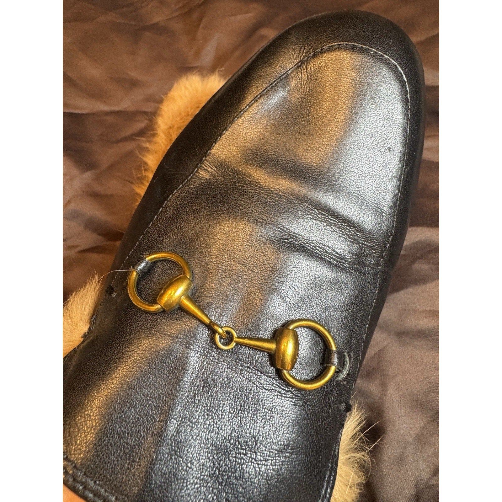 Gucci Princetown Black Leather Fur Lined Horsebit Mules Loafers Size 39 IT 9