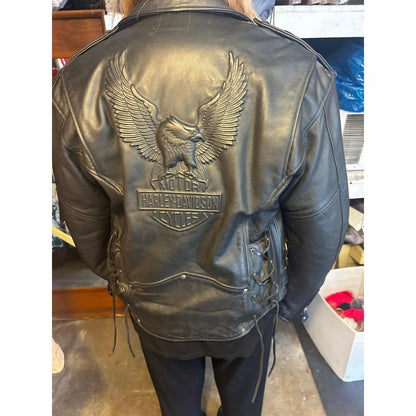 Harley-Davidson Biker Jacket Women's Size L Black Excellent Embossed Eagle Back