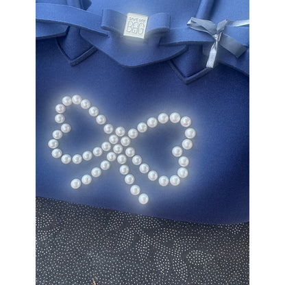 Save My Bag Navy Blue Handbag Faux Pearl Bow Embellishment Tote Bag