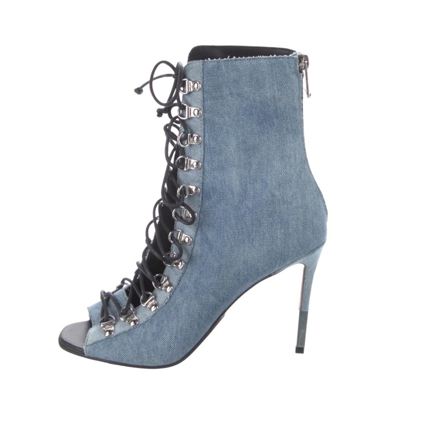 Balmain Paris Denim Lace Up Peep Toe Stiletto Heeled Booties Ankle Boots 6.5