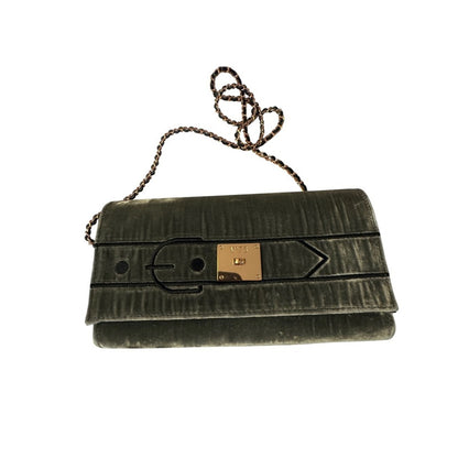 V73 Velvet Shoulder Bag Olive Green Chain Strap Buckle Flap Evening Clutch
