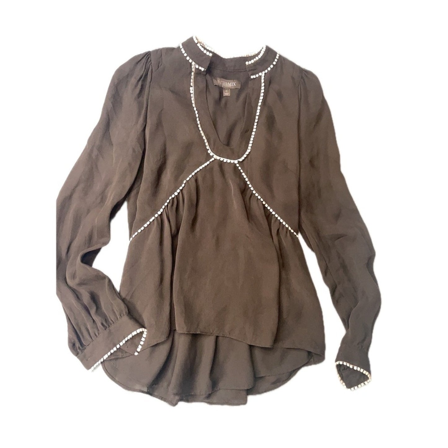 INTERMIX Embellished Neckline Peplum Silk Blouse Brown Size 0 Long Sleeve