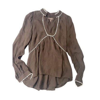 INTERMIX Embellished Neckline Peplum Silk Blouse Brown Size 0 Long Sleeve