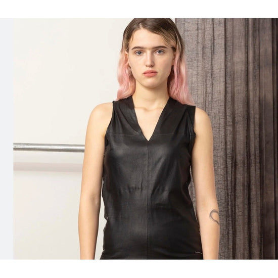 Helmut Lang Black Leather Sleeveless Top – Minimalist V-Neck – Size 4