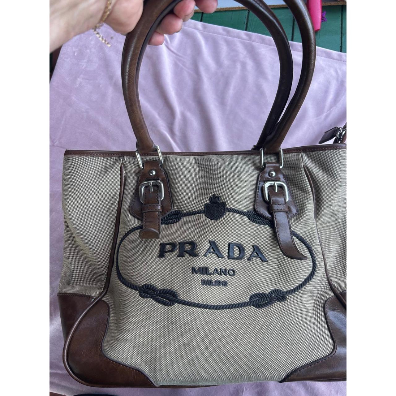 Prada Milano Canvas Tote Bag Brown Leather Trim Vintage Shoulder Bag