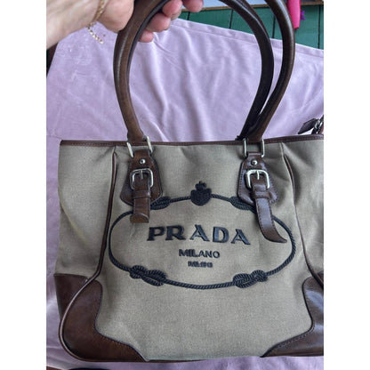 Prada Milano Canvas Tote Bag Brown Leather Trim Vintage Shoulder Bag