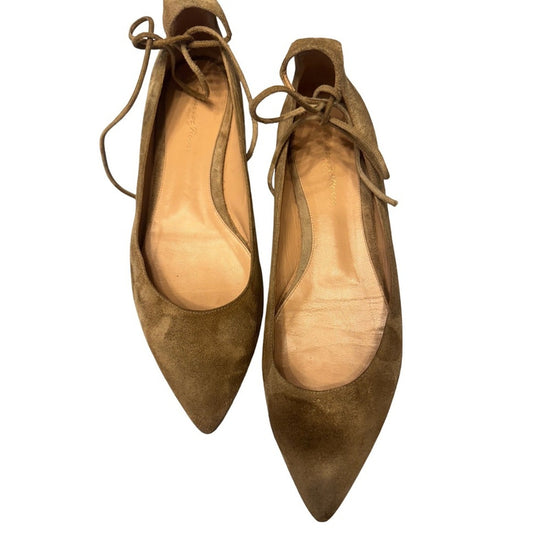 Gianvito Rossi Suede Leather Pointed Toe Lace Up Flats, Women&