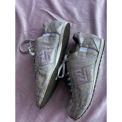 Fendi Zucca Monogram Metallic Silver Grey Low Top Sneakers  FF Logo