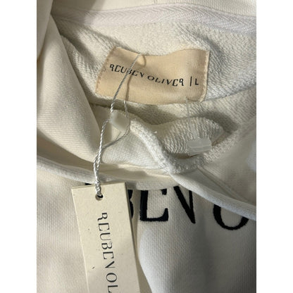 NWT REUBEN OLIVER Cream White Embroidered Logo Hoodie Pullover Sweatshirt Size L