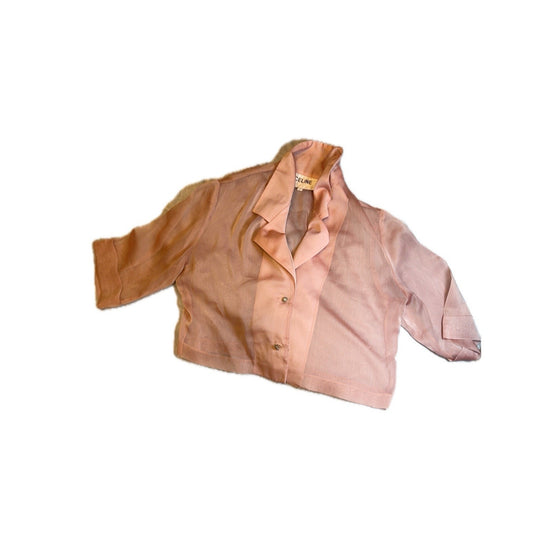 CELINE Sheer Silk Blouse Pink Rhinestone Button Cropped Top Women’s Size L