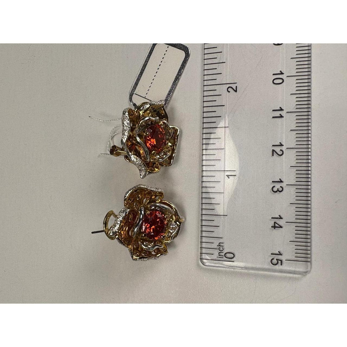 Red Rose Gemstone Earrings Gold Silver Tone Accents