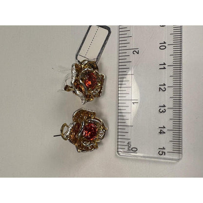 Red Rose Gemstone Earrings Gold Silver Tone Accents