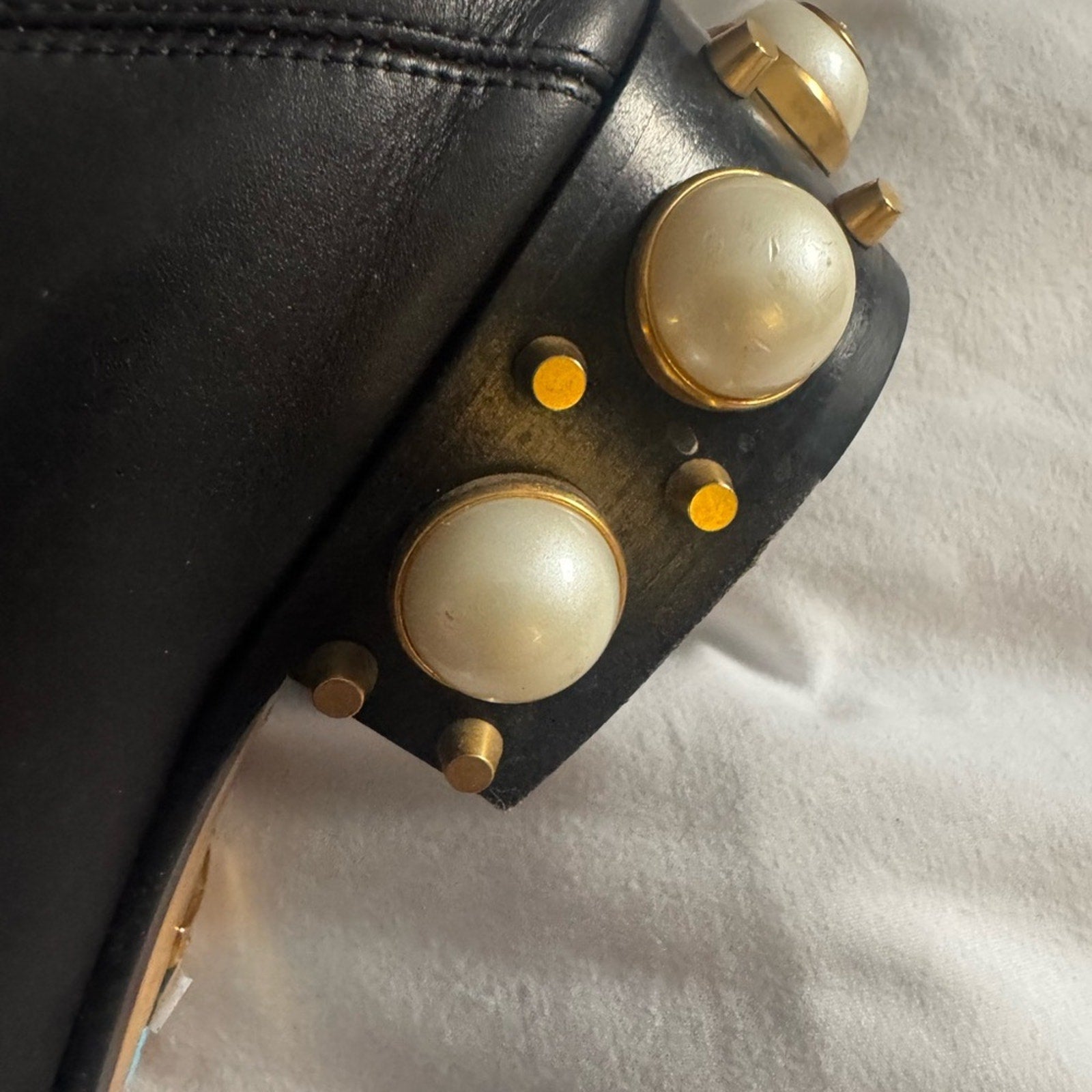 Gucci Black and Gold Leather Loafers with Pearl Embellishments