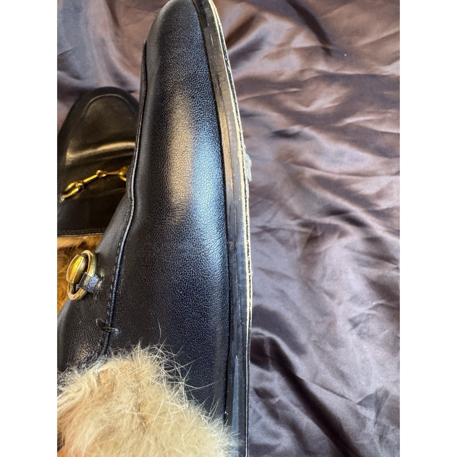 Gucci Princetown Black Leather Fur Lined Horsebit Mules Loafers Size 39 IT 9